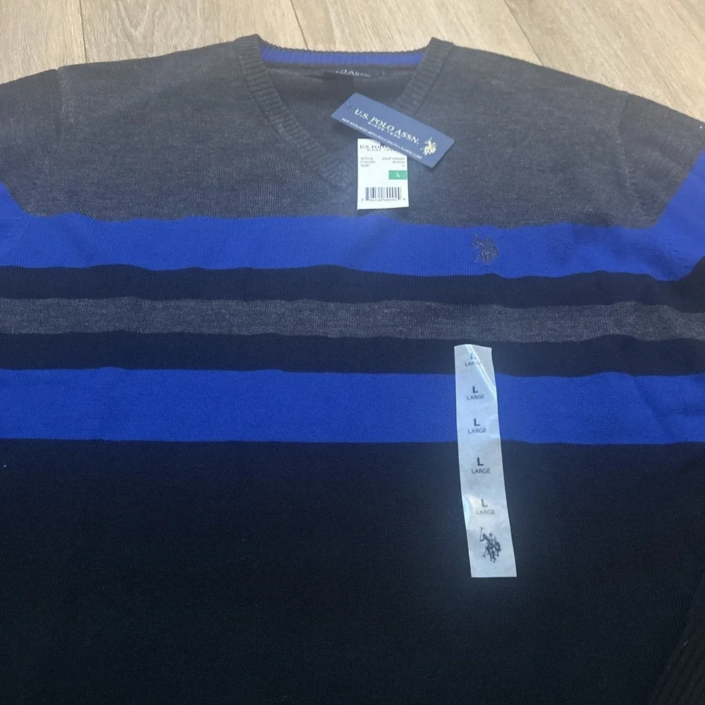 U.S. Polo Assn. Men's Long Sleeve Stripe V Neck Sweater‎ Black Blue Size Large